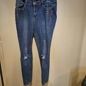 Ashley Stewart Blue Studded Skinny Jeans, Womens, Size 14, Distressed |